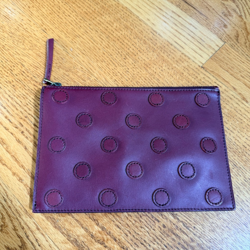 Madewell Burgundy Leather Polka Dot Embossed Zip Pouch Flat Clutch Bag